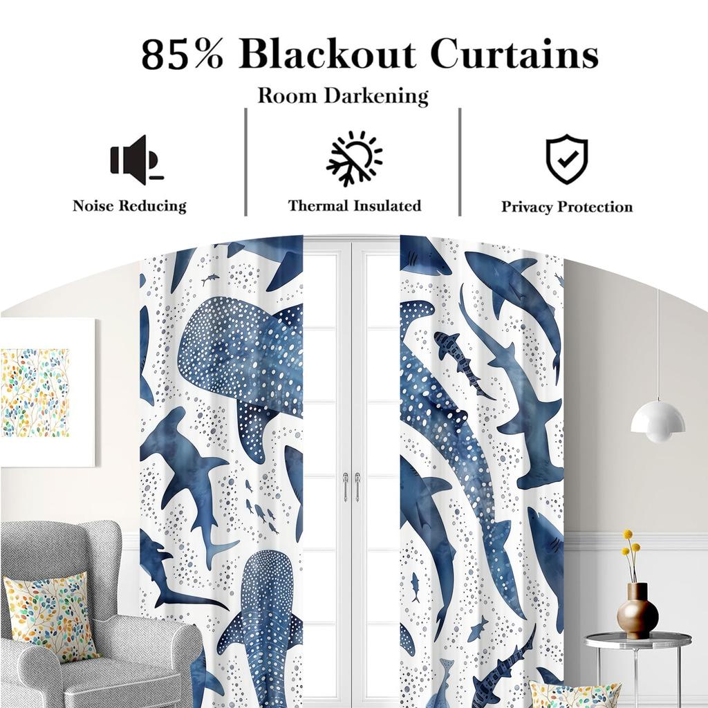 Shark Print Curtain Bedroom Living Room Balcony All Season Adults Decoration Curtains Darkening Set Of 2 Made Polyester Area Decor