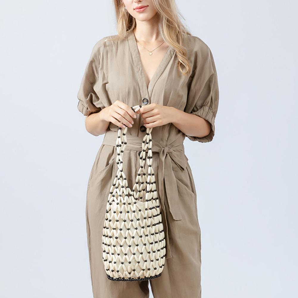 Wooden Bead Woven Hand Bag for Women Hollow-out Tote Bag Bucket Shoulder Bag Handmade Shoulder Bag Casual Summer Beach Handbag