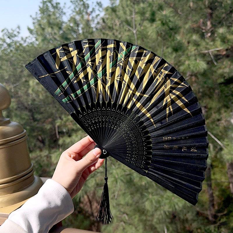 Chinese Japanese Silk Folding Fan Wooden Shank Classical Dance Fan High Quality Tassel Elegent Female Fan Home Decoration