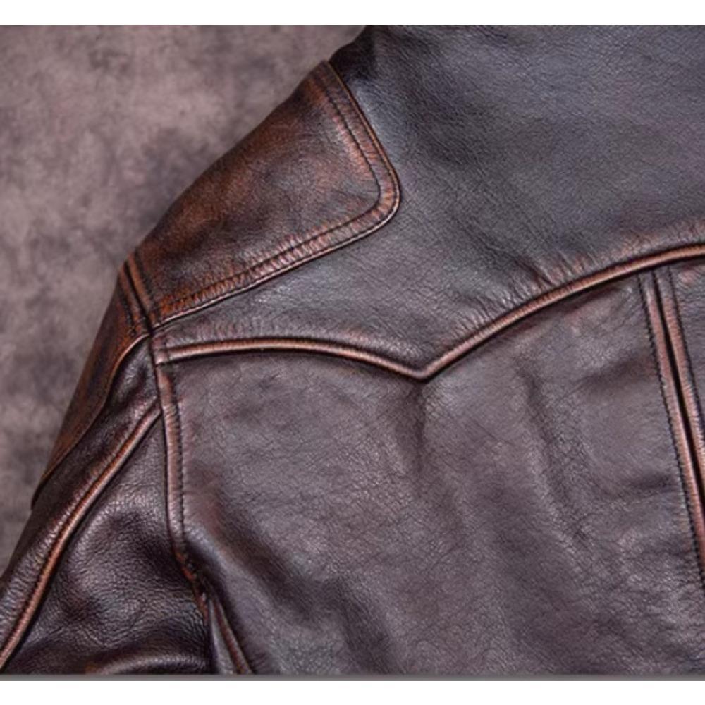 Chinese Size Vintage Men Genuine Leather Jacket Tea Core Cowhide Thickness 1.6mm Tanned Oil Waxed Real Leather Jacket Heavy Thick