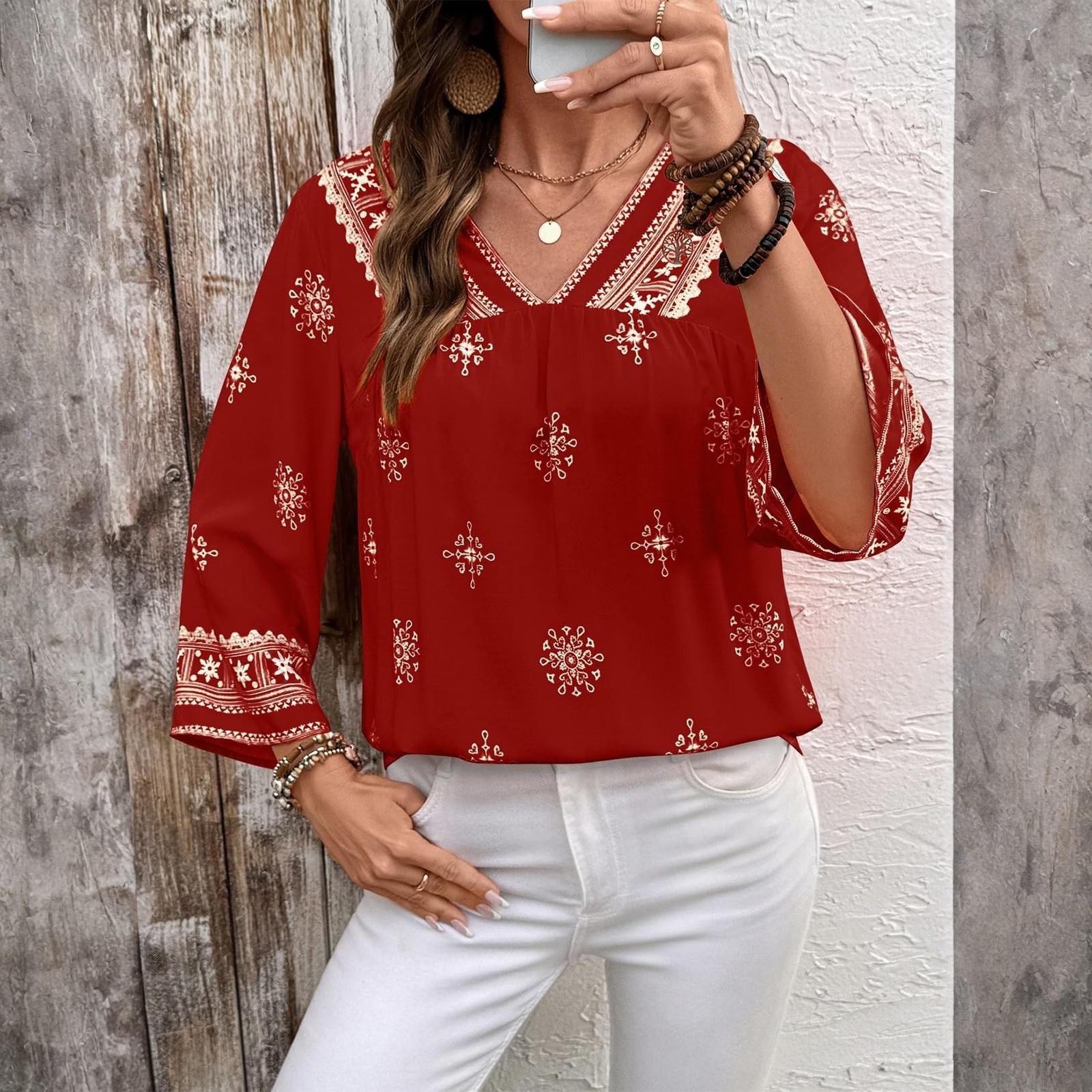 

Ladies Casual Retro Loose Bohemian Printed 3/4 Sleeve Shirt Top XL червоний
