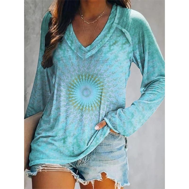 Women's Elegant V-neck Diamond Ethnic Print Long Sleeve T-shirt Soft Polyester Perfect for Autumn and Winter Casual Wear Tops