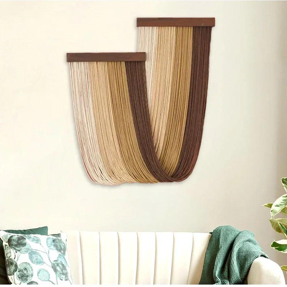 Hand-Woven Curtain Tapestry Wooden Cotton Rope Tapestry Boho Decor Wall Hanging Tapestry  Apartment