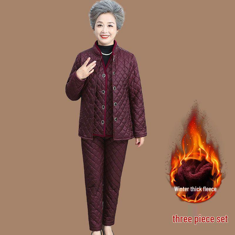 Warm Velvet Cotton Suit for Mom and Grandma: Autumn/Winter Three-Piece Set for Mature Women