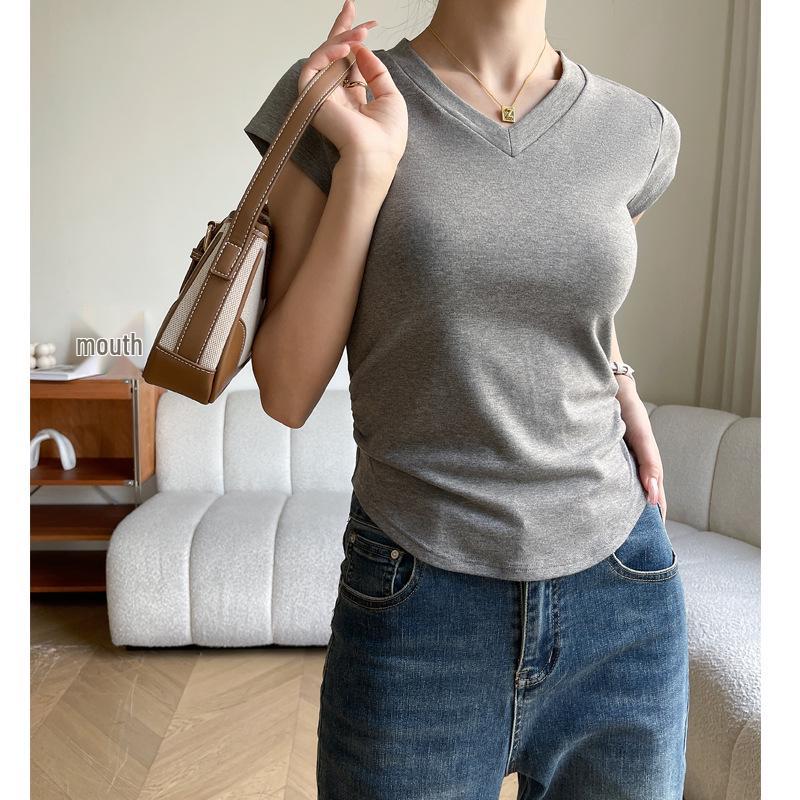 

High-Quality Women s Solid Color Modal V-Neck Short-Sleeve T-Shirt - Summer Basic Versatile Ruched Top серый