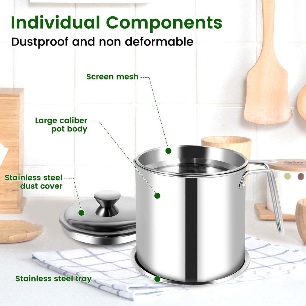1.5-2L Stainless Steel Oil Strainer Pot with Strainer Dust-Proof Lid Cooking Oil Strainer Storage Container Grease Keeper Filter