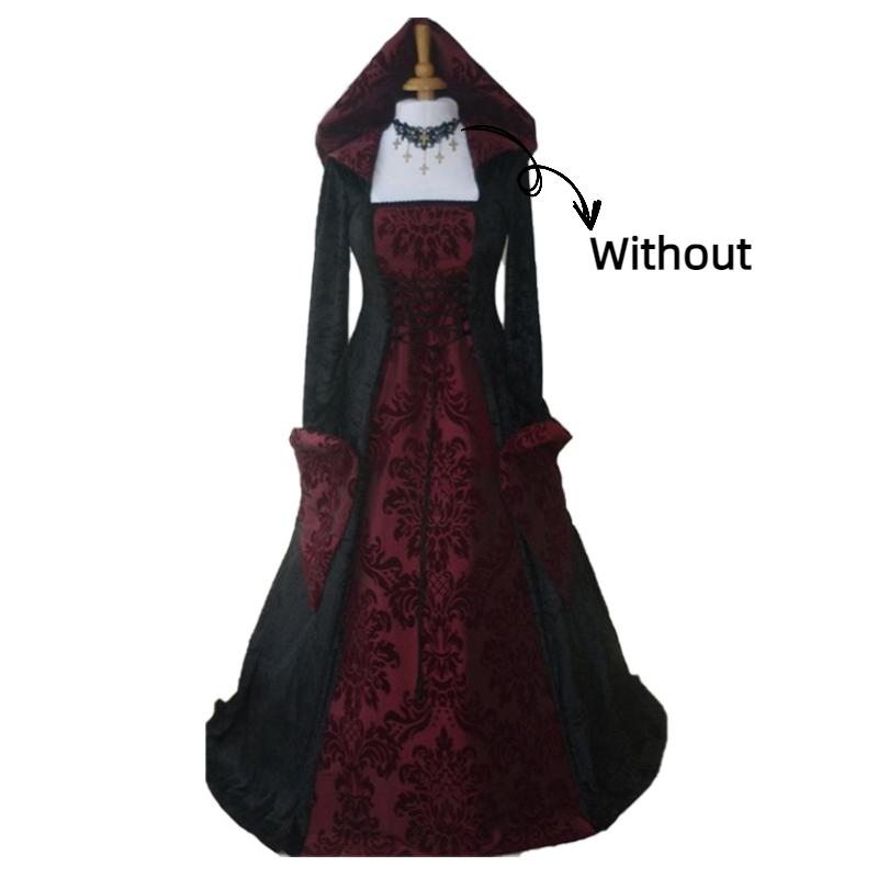 

Women Banquet Medieval Hooded Dress Floral Print Long Sleeves Drawstring Waist S червоний