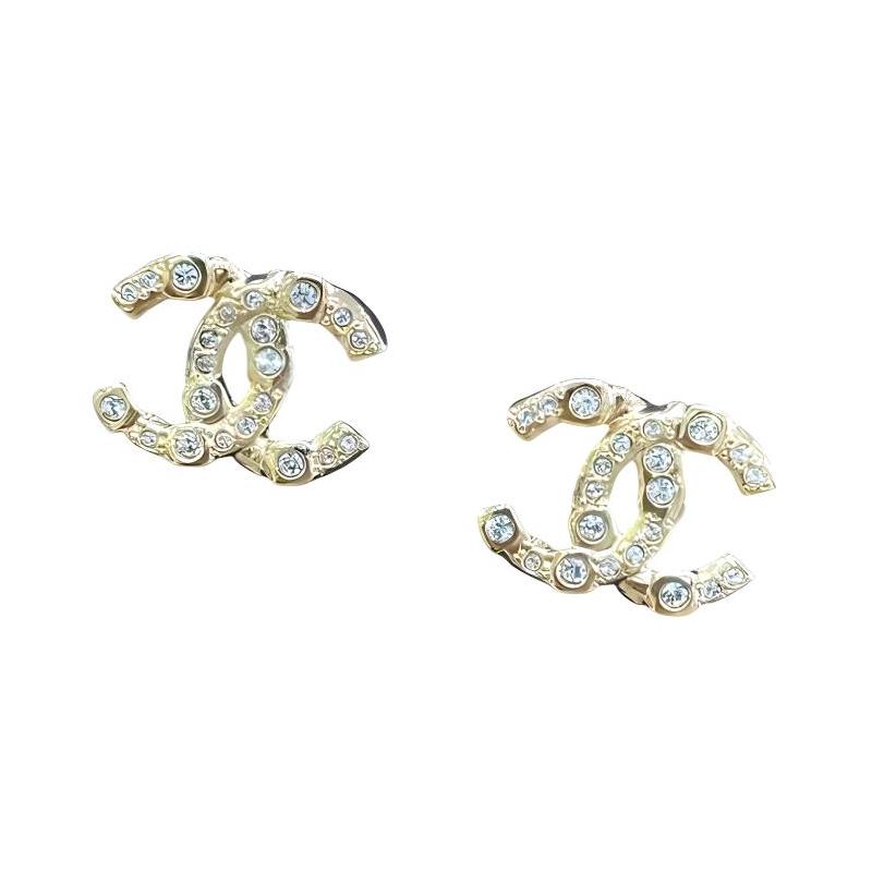 CHANEL double c logo rhinestone earrings women's gold