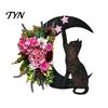 Indoor Dark Theme Soft Furnishings Halloween Black Cat Moon Wreath, Gothic Crescent Grapevine Wreath with Style Holiday Home Accents Rose Flowers,