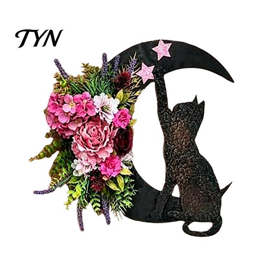 Indoor Dark Theme Soft Furnishings Halloween Black Cat Moon Wreath, Gothic Crescent Grapevine Wreath with Style Holiday Home Accents Rose Flowers,