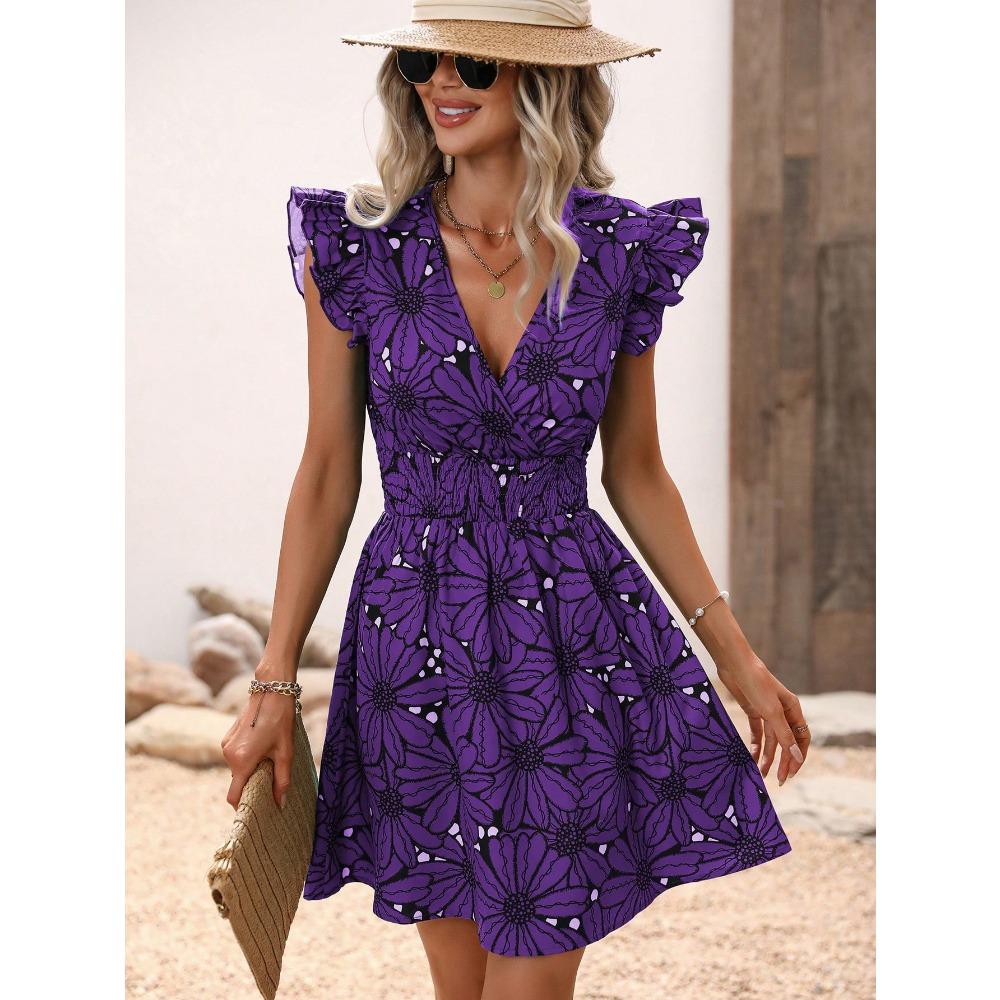 Women's Summer V-Neck Dress - Sexy Wrap Waist Floral Ruffle Sleeveless Bodycon Dress