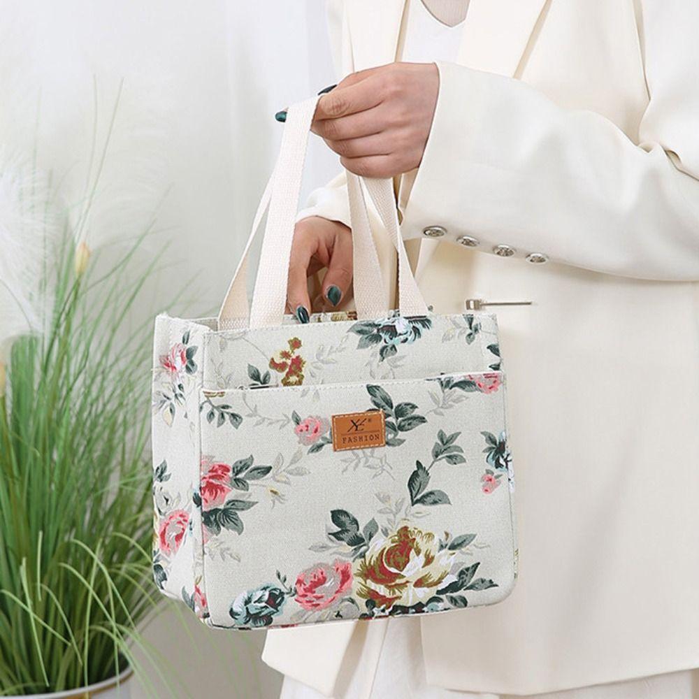 Foil Lining Floral Print Lunch Bag Insulated Tote Bag Multifunctional Handbag  Women