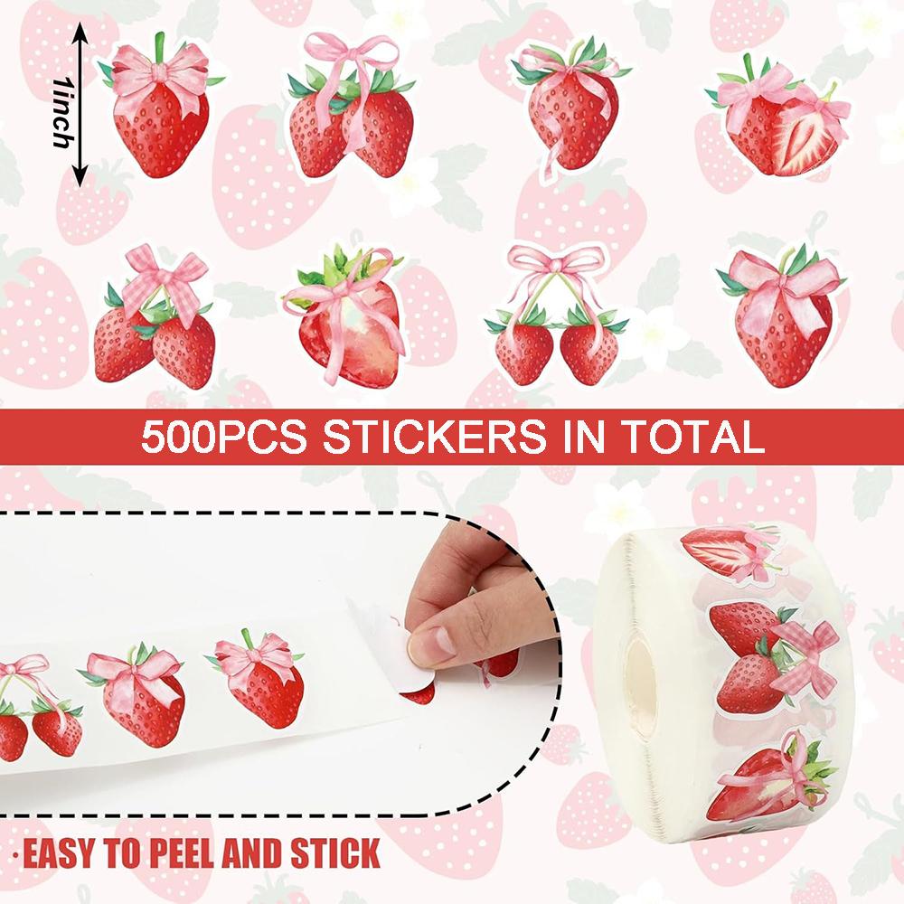 500pcs/roll Strawberry Bow Stickers 2.5cm Pink Bowknot Strawberry Stickers Decoration Notebook Scrapbooking Journaling Gift