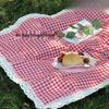 Red Plaid Outdoor Picnic Mat: Thick, Moisture-Proof, Insulated, Lace Trim, Portable for Camping, Photography & Beach.