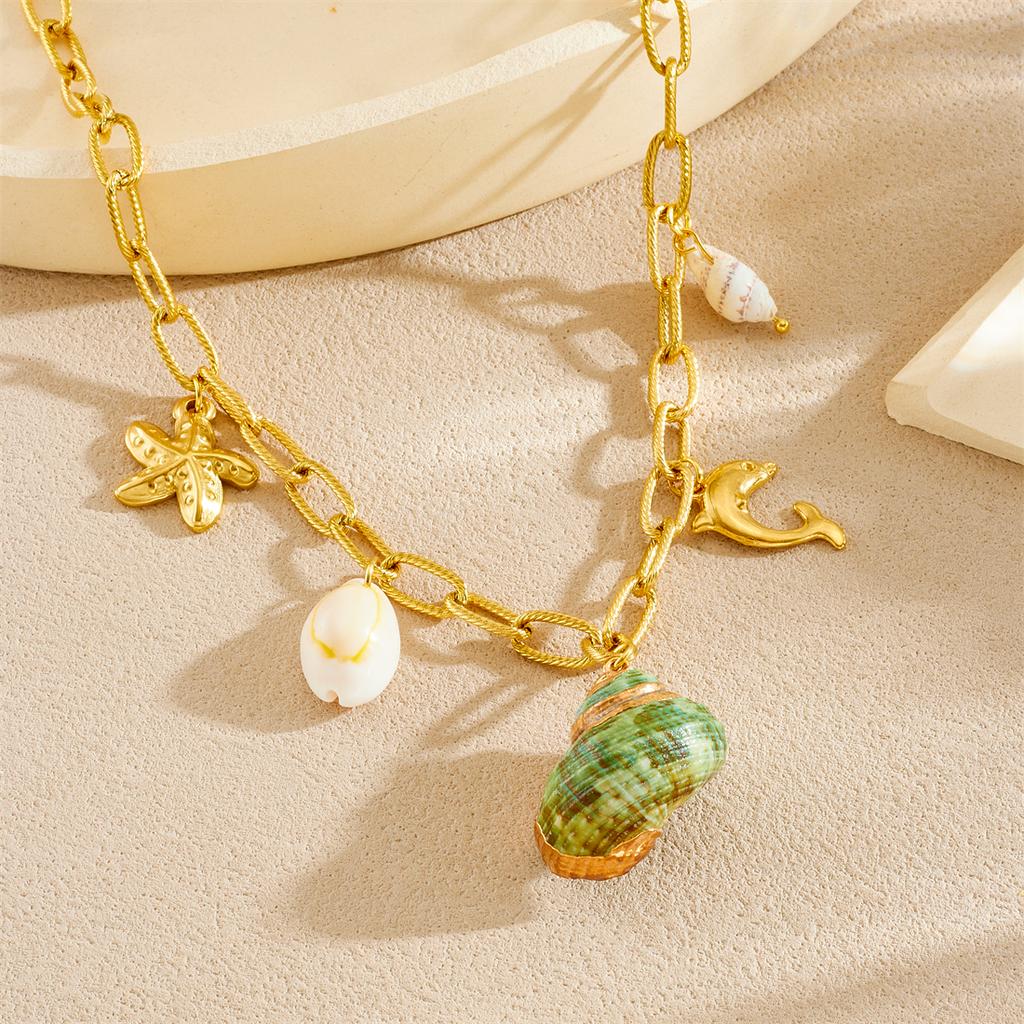 316L Stainless Steel Exquisite Green Conch Starfish Dolphin Shell Pendant Necklace Women Leisure Vacation Neck Chain