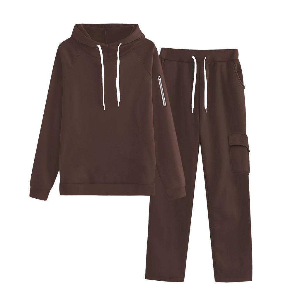 Women's Fashionable Loose Zipper Pocket With Shoulder Sleeves Hoodie And Pants Two-Piece Set