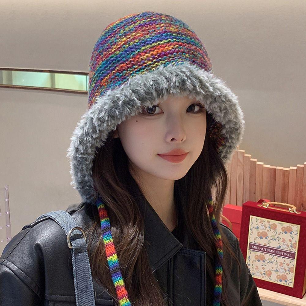 Windproof Stripe Knitted Hat Plush Ear Protection Hat Personality Knitted Woolen Cap  Winter/Autumn