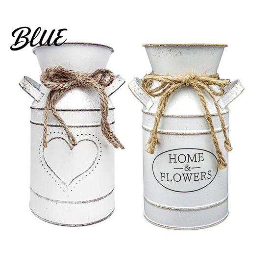 Farmhouse Style Flower Vase Vintage Iron Can Bucket Double-Handle Metal with Jute Bow