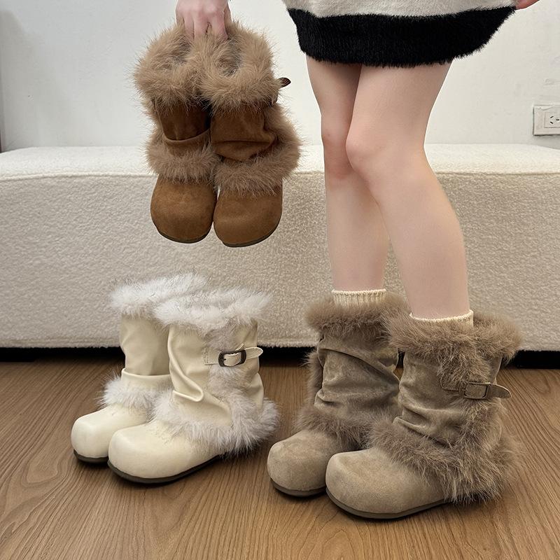 2026 Winter New Style Fleece-Lined Warm Snow Boots for Women, Round Toe with Belt Buckle, Stylish and Elegant Fur Boots
