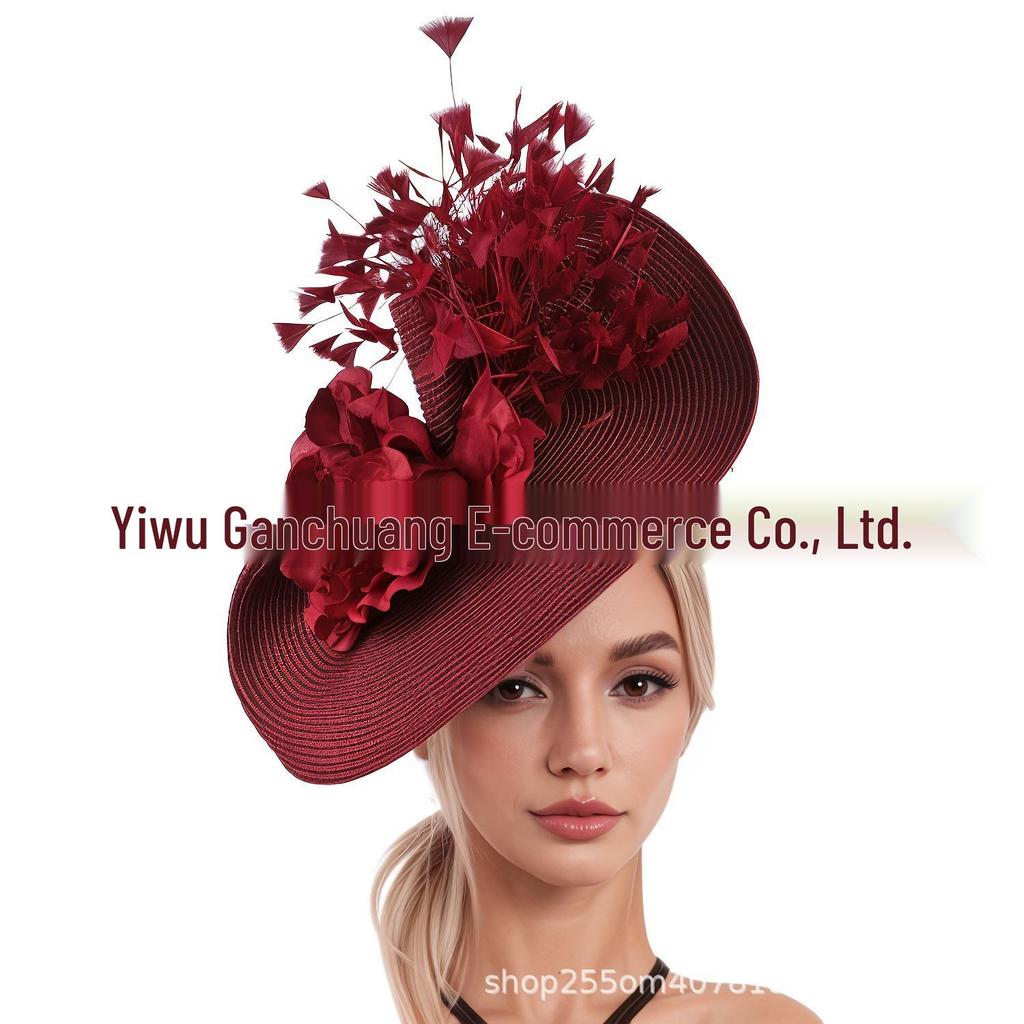 Elegant Straw Exaggerated Top Hat with Flowers & Feathers Headband Hair Accessory