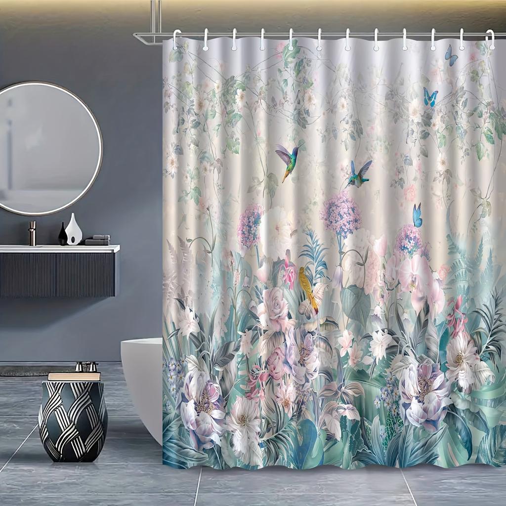 Elegant Floral & Bird Shower Curtain - Water-Resistant Polyester, 12 Hooks, Machine Washable, Fog-Proof, All-Season Design