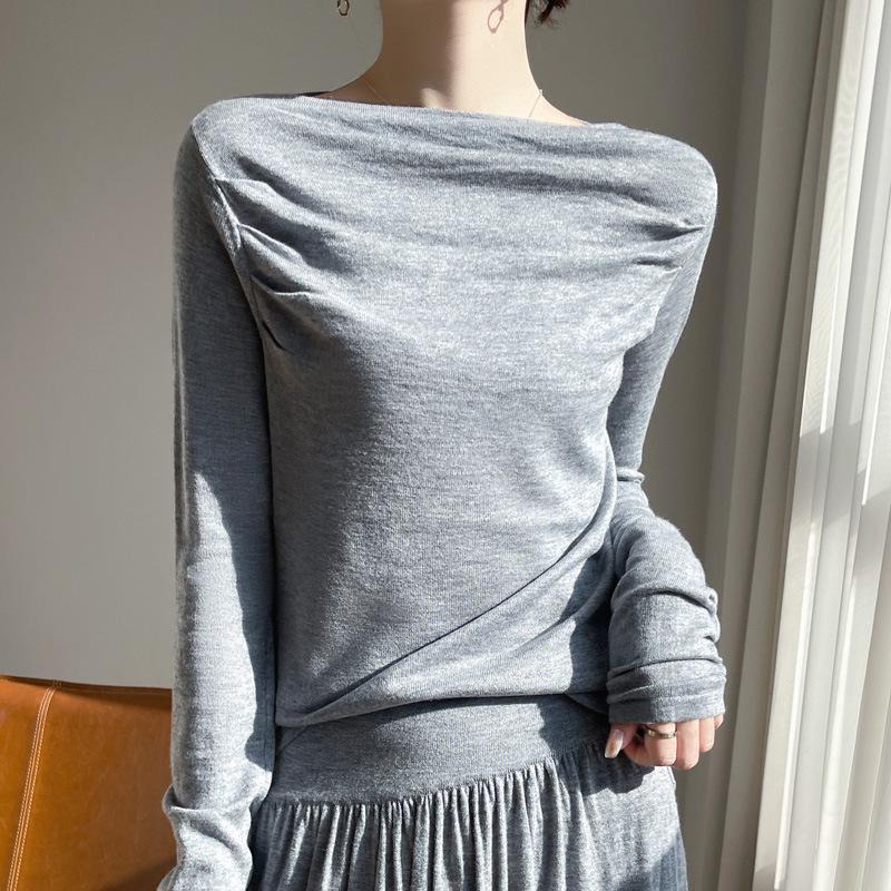 

Женский облегающий трикотажный свитер с открытыми плечами на весну 2025 года Large серый
