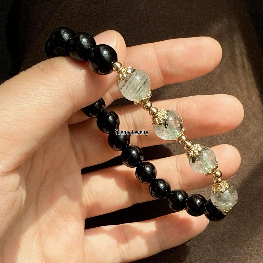 Tian Xiwei Style Green Phantom & White Pagoda Obsidian Bracelet for Women