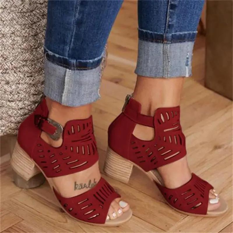 Fashion Women Mid Heel Summer Slip-on Buckle Ladies Shoes Open Toe Casual Wedding Pumps Sandalias Solid Color Thick Heeled Sandales