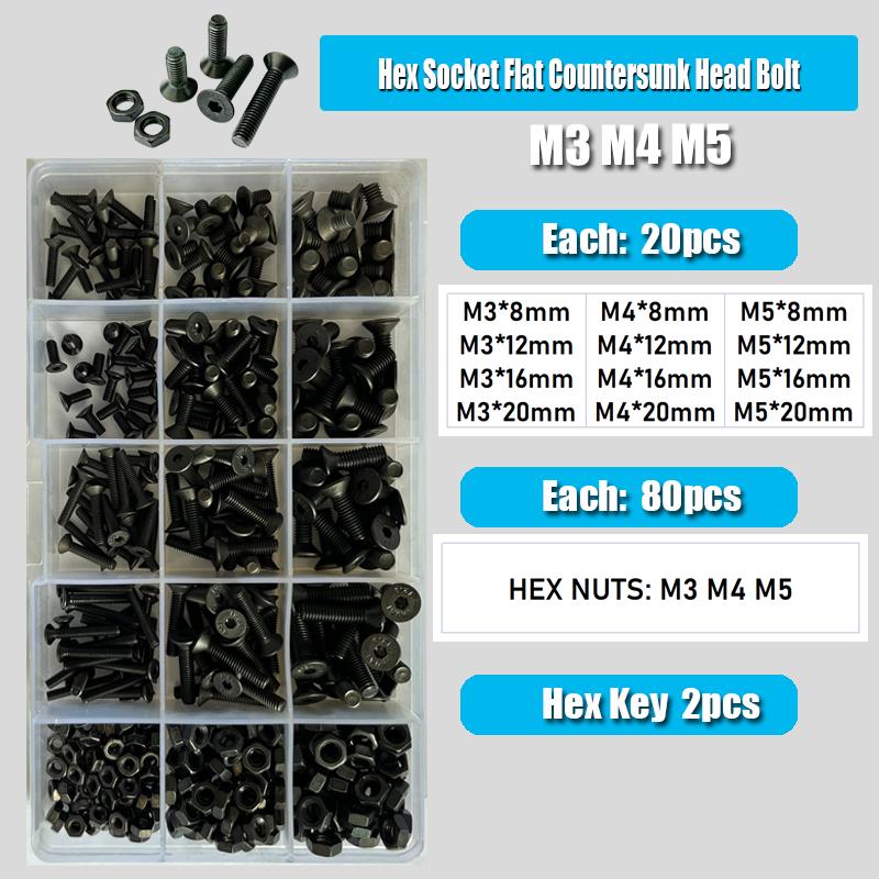 Countersunk Flat Head Hex Bolt Nut Set Kit M2 M3 M4 M5 M6 Black Grade 10.9 Steel Hex Hexagon Socket Countersunk Head Allen Screw