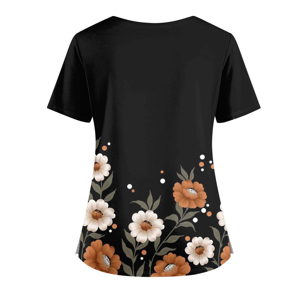 Plus SizePrinted Scrub Working Uniform Tops For Women's Cross V-Neck Halloween Print Short Sleeve Fun T-Shirts Workwear Tee With Pockets