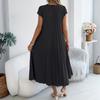 Women Short Sleeve Crew Neck Casual Loose Fit Pleated Midi Dress with Pocket Comfortable Everyday Wear Suitable for Various Occasions