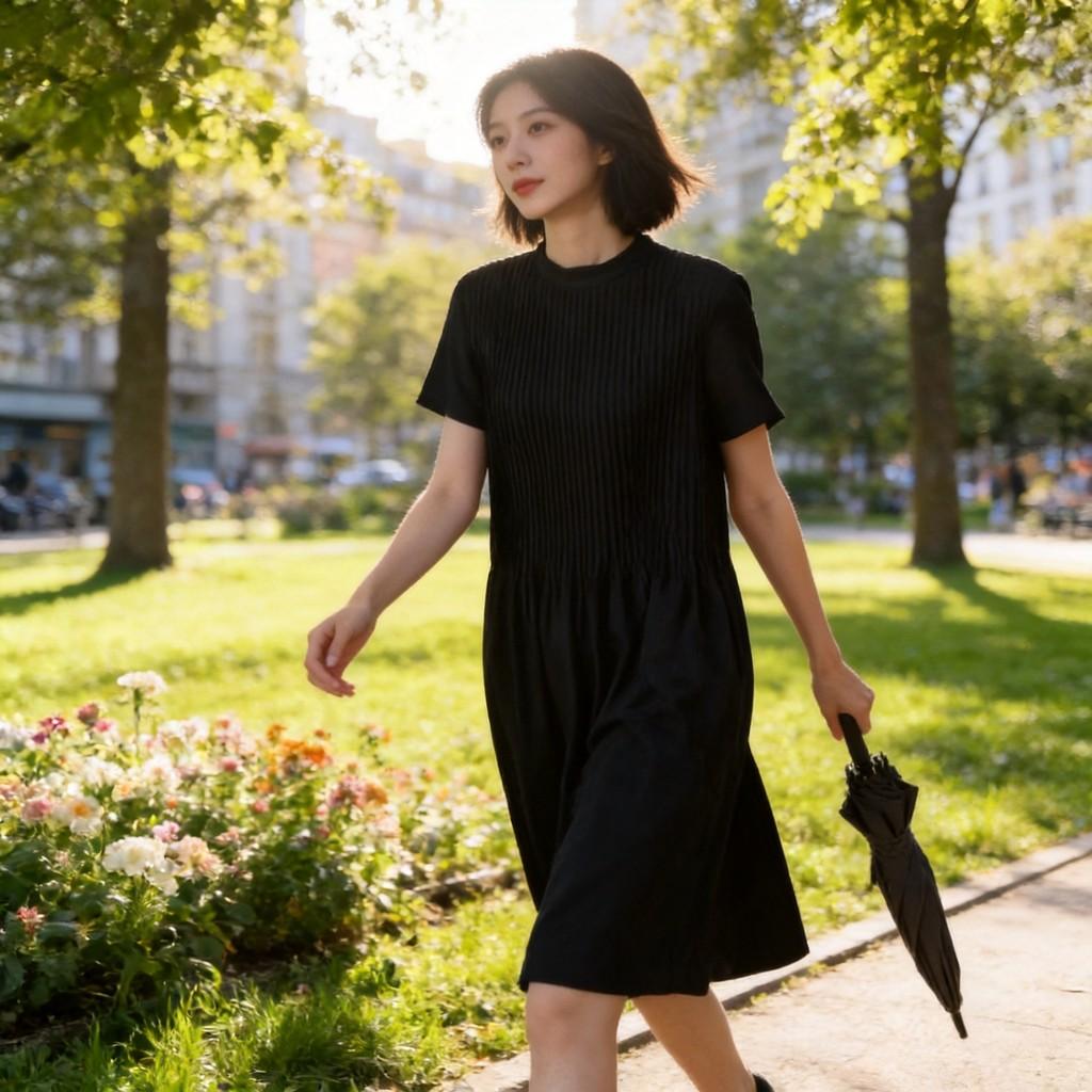 Summer Polyester Pleated Dress With Zipper For Women Office Wear