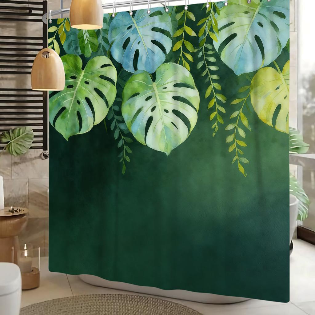 Greenery Theme Shower Curtain Tropical Plants Hanging Leaves Nature Style Bathroom Decor Polyester Waterproof Bathroom Shower