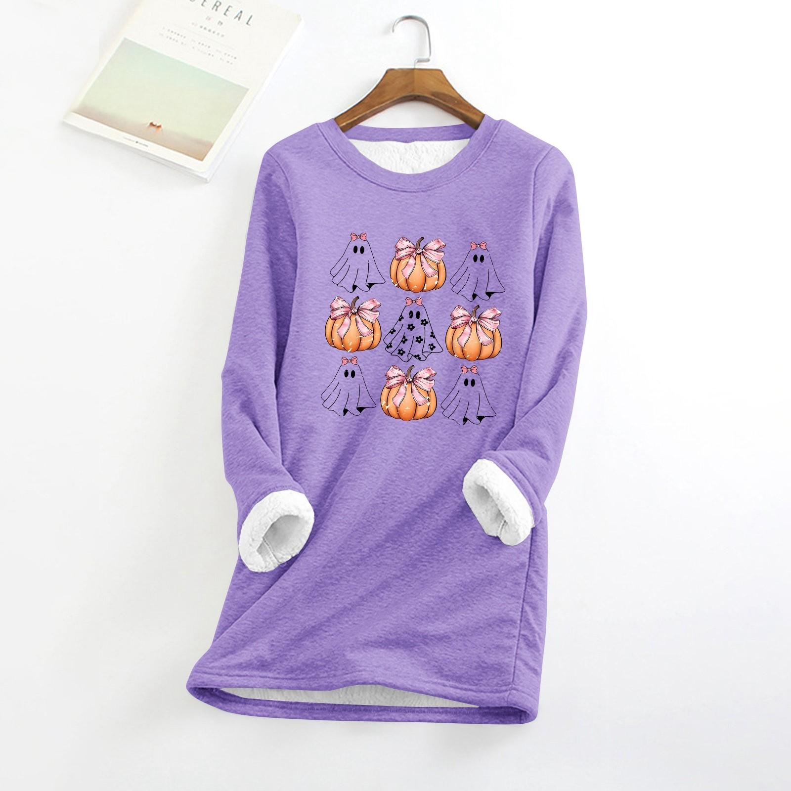 

Женский круглый вырез с принтом Хэллоуина, утолщенный плюшевый кашемировый теплый длинный топ XXL фиолетовый