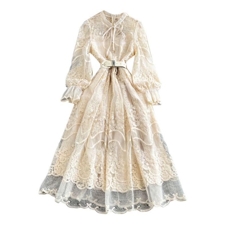 French Style Vintage Court Style Dress Machine Embroidery Wooden Ear Silm Long Lace Dress Classy Exquisite Dress