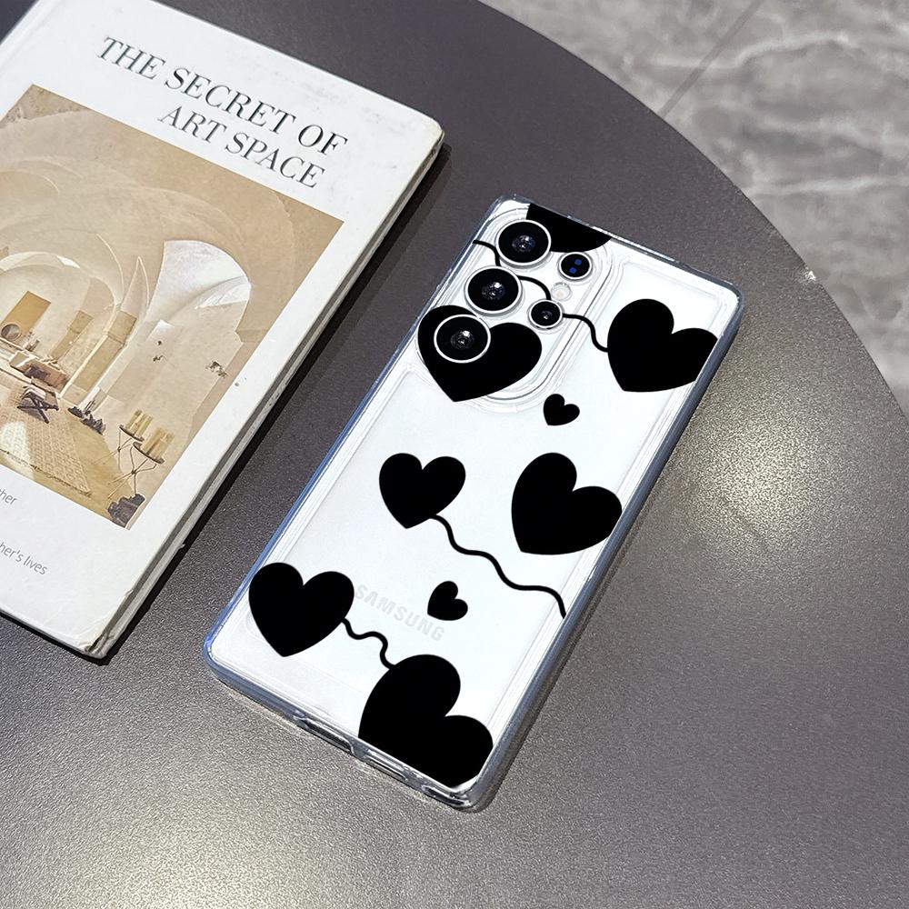 Black Heart Balloons on Strings Case for Samsung Galaxy S26 S25 S24 S23 S22 S21 S20 FE Plus Soft TPU Slim Fit Shockproof Cover