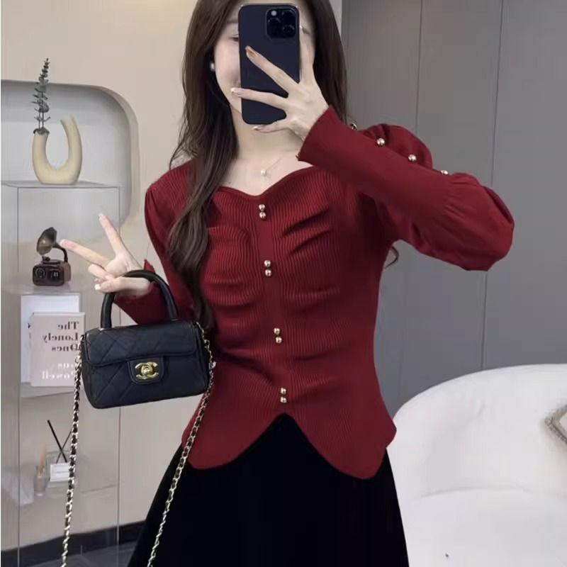 

Women s High-End Chic Square Neck Ruched Knitted Sweater for Autumn/Winter L [For 105-120 lbs] грязно-белый