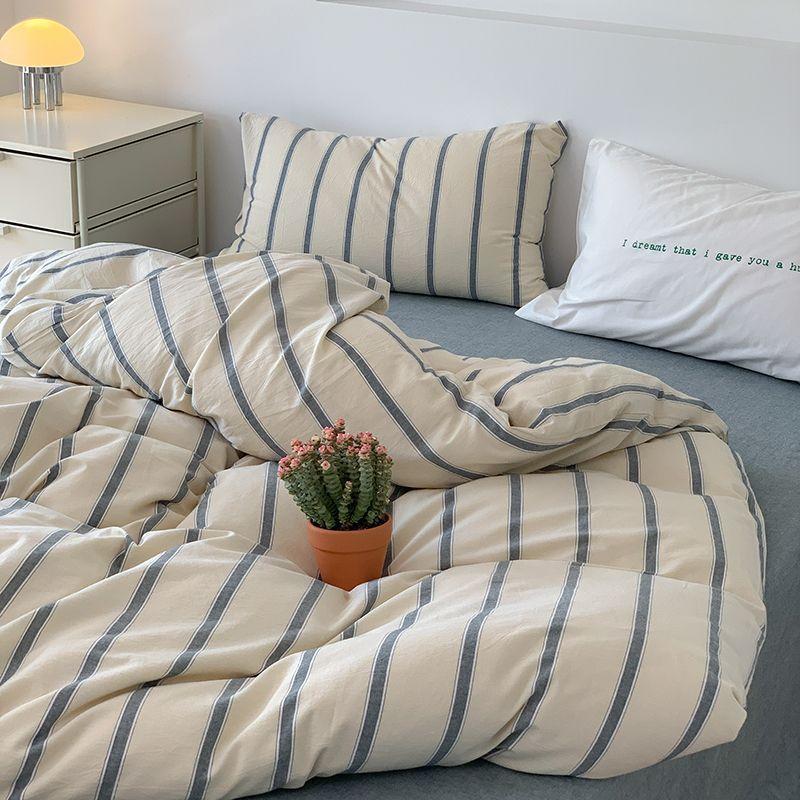 

Ins Dopamine Korean Striped Washed Cotton Four-piece Bedding Set Cream Style Bed Sheet Quilt Cover Three-piece Set 150x200cm 3pcs