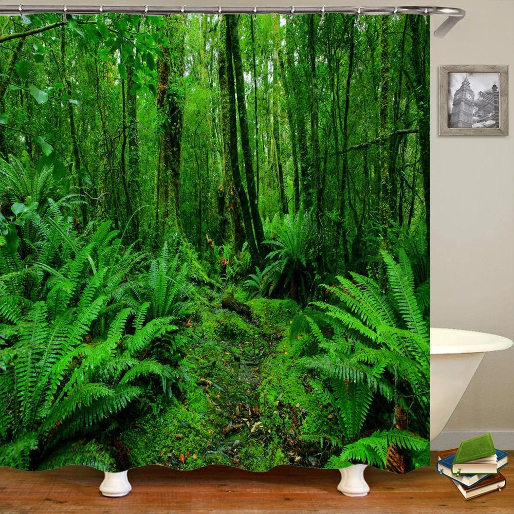 Wald Naturszenerie Duschvorhang Grüne Pflanze Baum Landschaft 3D Druck Zimmer Badezimmer Vorhänge Wasserdichtes Polyester Heimdekor