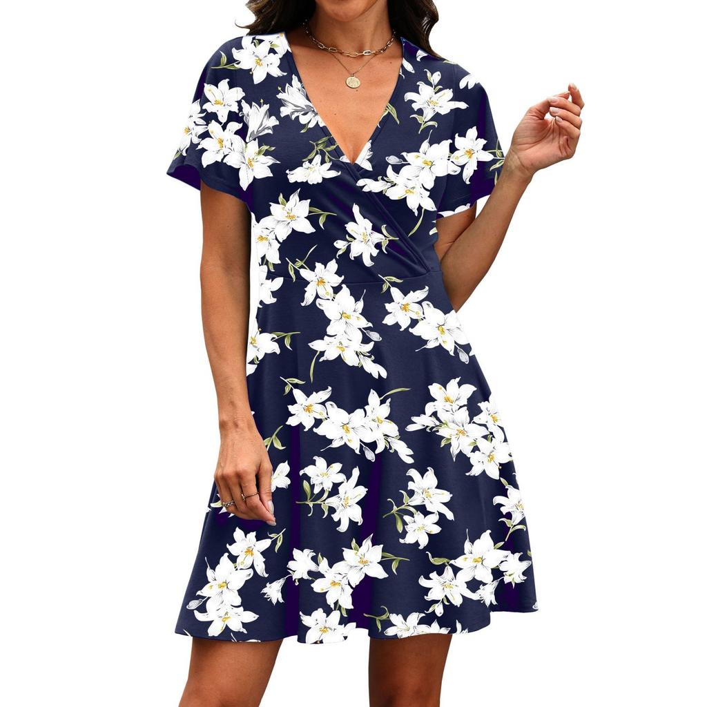Fashionable Women's Casual Floral Wrap Dress With V-Neck And Waist