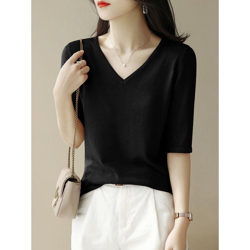 

Classy Green V Neck Idle Style Knitting Bottoming Shirt