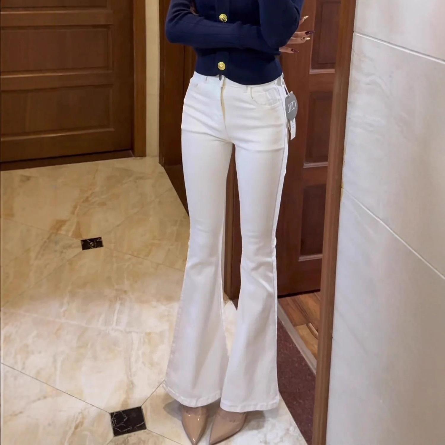 

Women s 2025 Autumn Slimming White Micro-Flare Jeans - Trendy Trumpet Style Long Pants XS