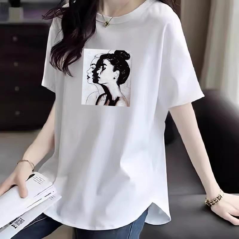 2025 Women's American Style Pure Cotton Loose Mid-Length Straight Shoulder Half Sleeve Summer T-Shirt