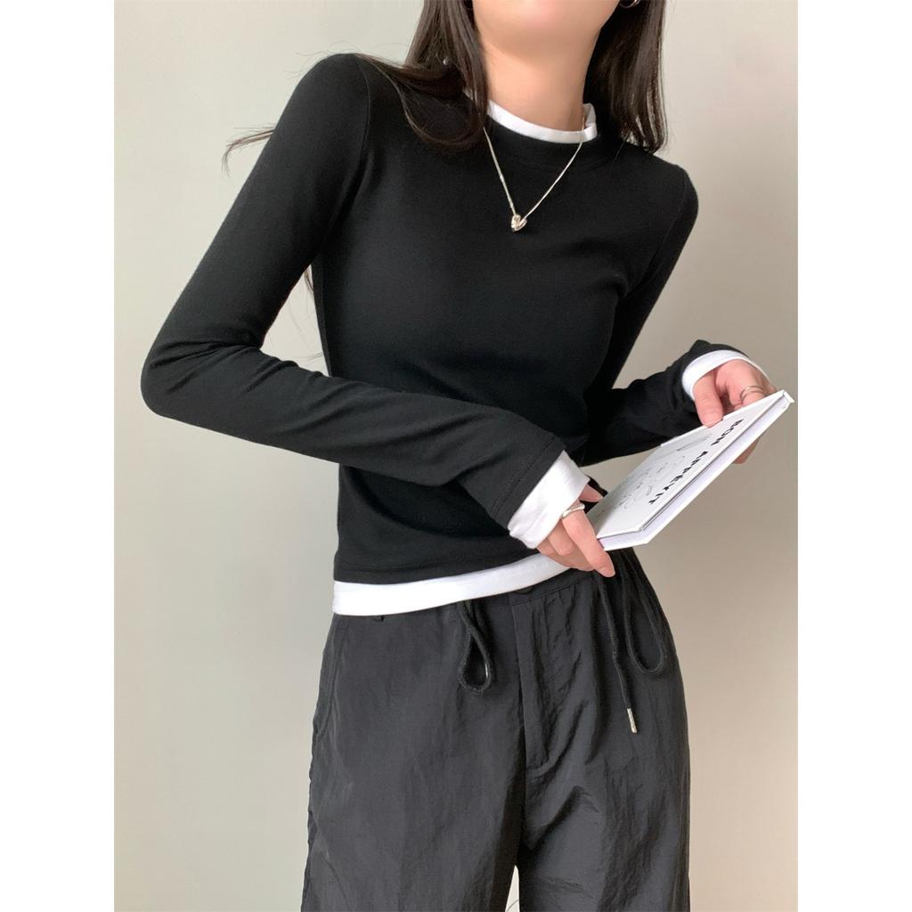 Design Sense Tricouri cu mânecă lungă slim fit două piese false pentru femei, toamnă gât rotund pulover versatil