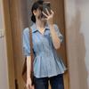 Light Blue POLO Collar Front Shoulder Short-sleeved Shirt Women's Summer Large Size Waist Fluffy Temperament Top A