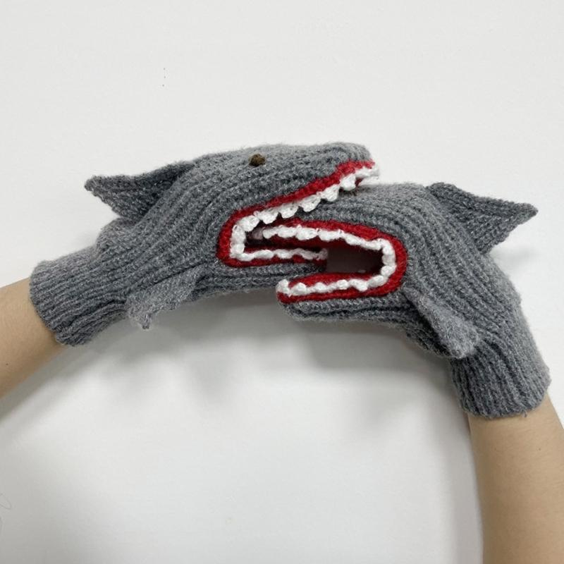 Unisex Windproof Gloves Warm Lining Mittens Cozy Cartoon Shark Shape Cycling Mittens Winter Cold Weather Accessories