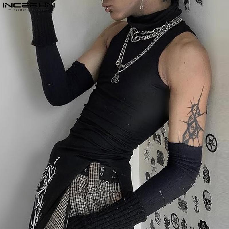 INCERUN Men Summer Oversleeve High Neck Sleeveless Splits Long Tank Tops