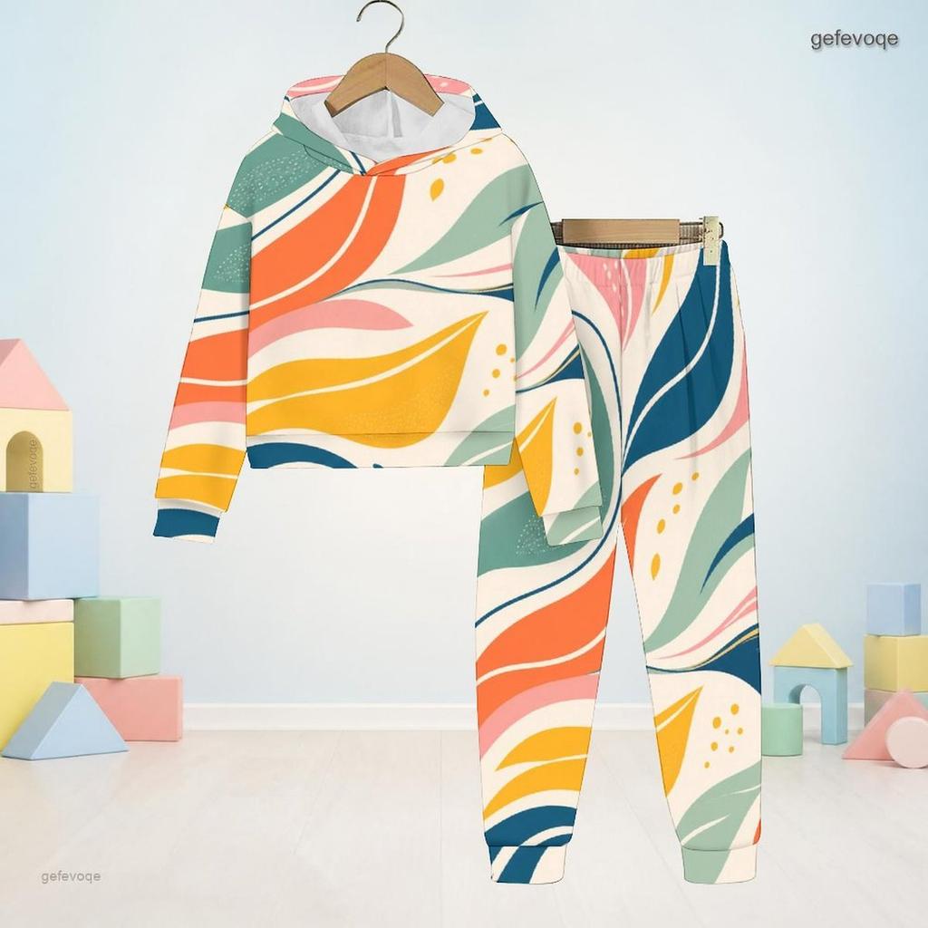 Unisex Kids Printed Hooded Long Sleeve Sweatshirt And Cuffed Pants Two Piece Set
