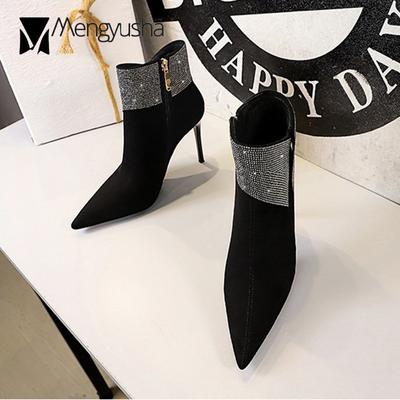 Luxury Crystal Flock Club Boots Women Bowknot Pointed Toe Ankle Short Botas Zipper Ultra High Heels Booties Mujer Stilettos