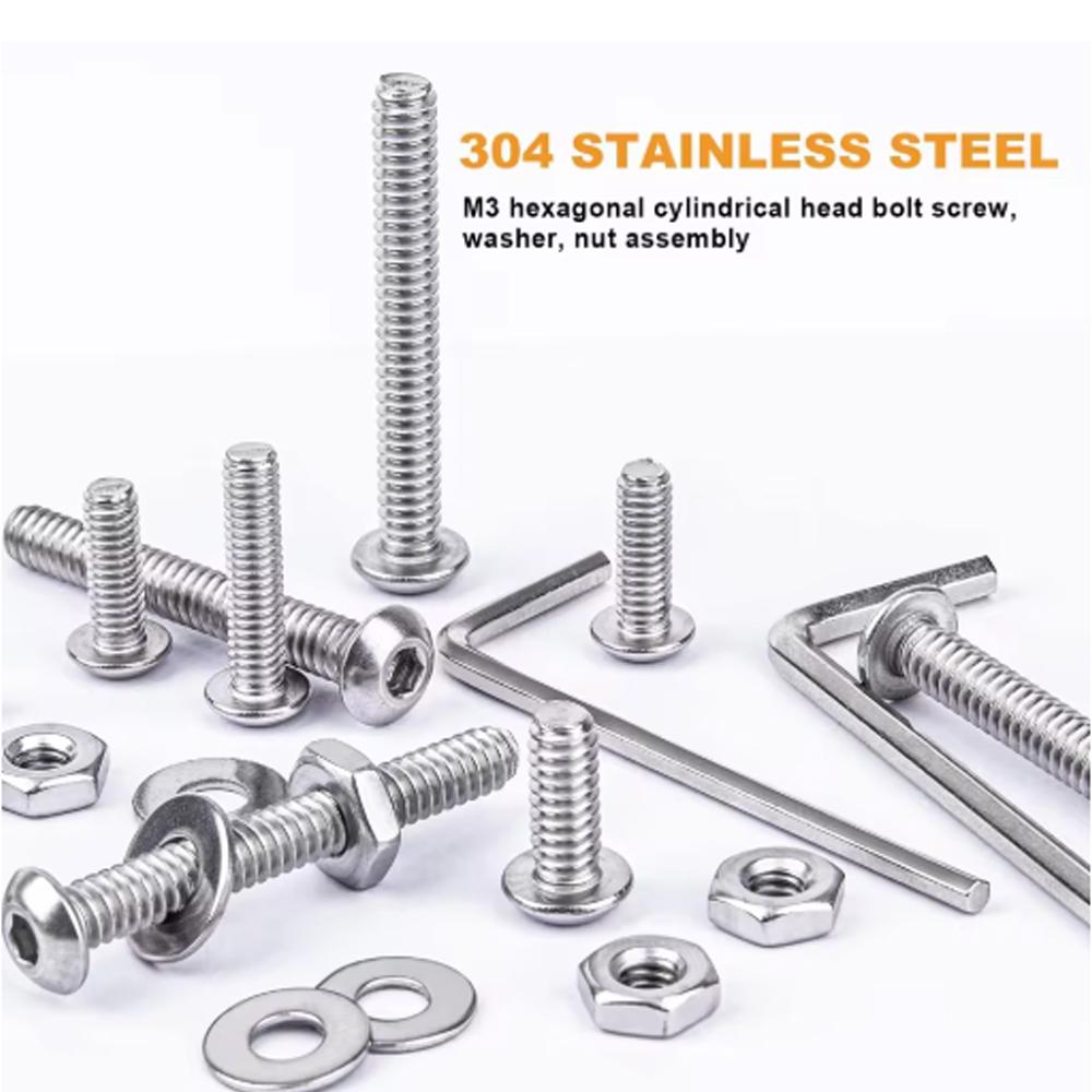 240Pcs M3 Hex Head Screws, M3x4/6/8/10/12/14/16mm Button Head Stainless Steel Internal Hexagon Screw Washer Nut Set